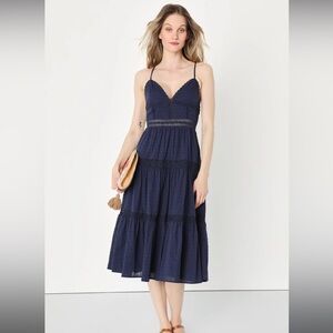 Lulus NWT, Summery Sight Navy Swiss Dot Lace Backless Tiered Midi Dress